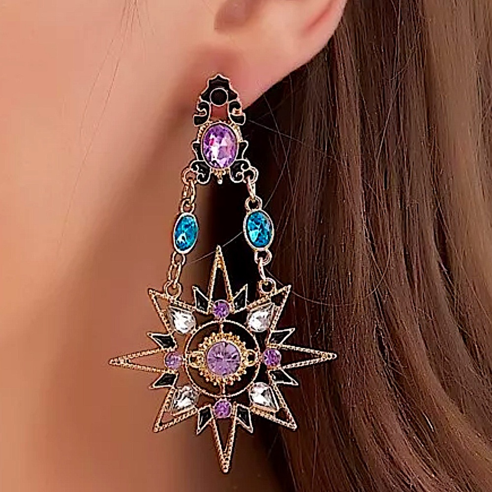 Celestial Moon Star Gold Plated Dangle Earrings Statement accent Stones - Picture 5 of 14